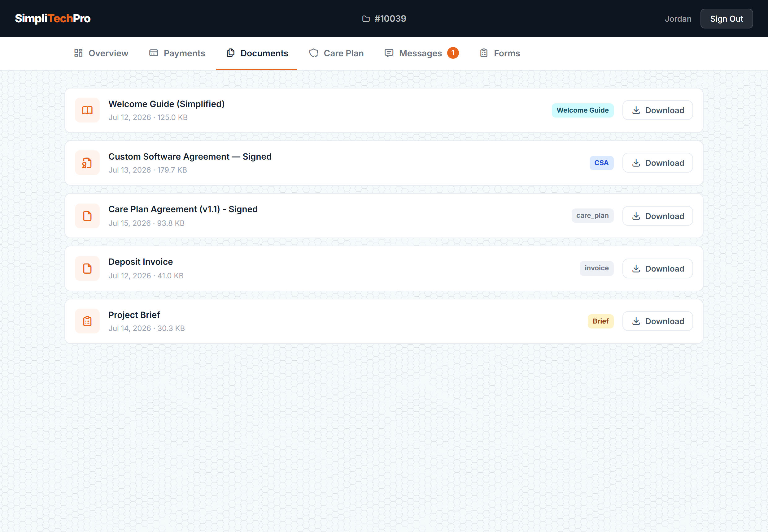 An organized list of agreements, invoices, and files ready to download