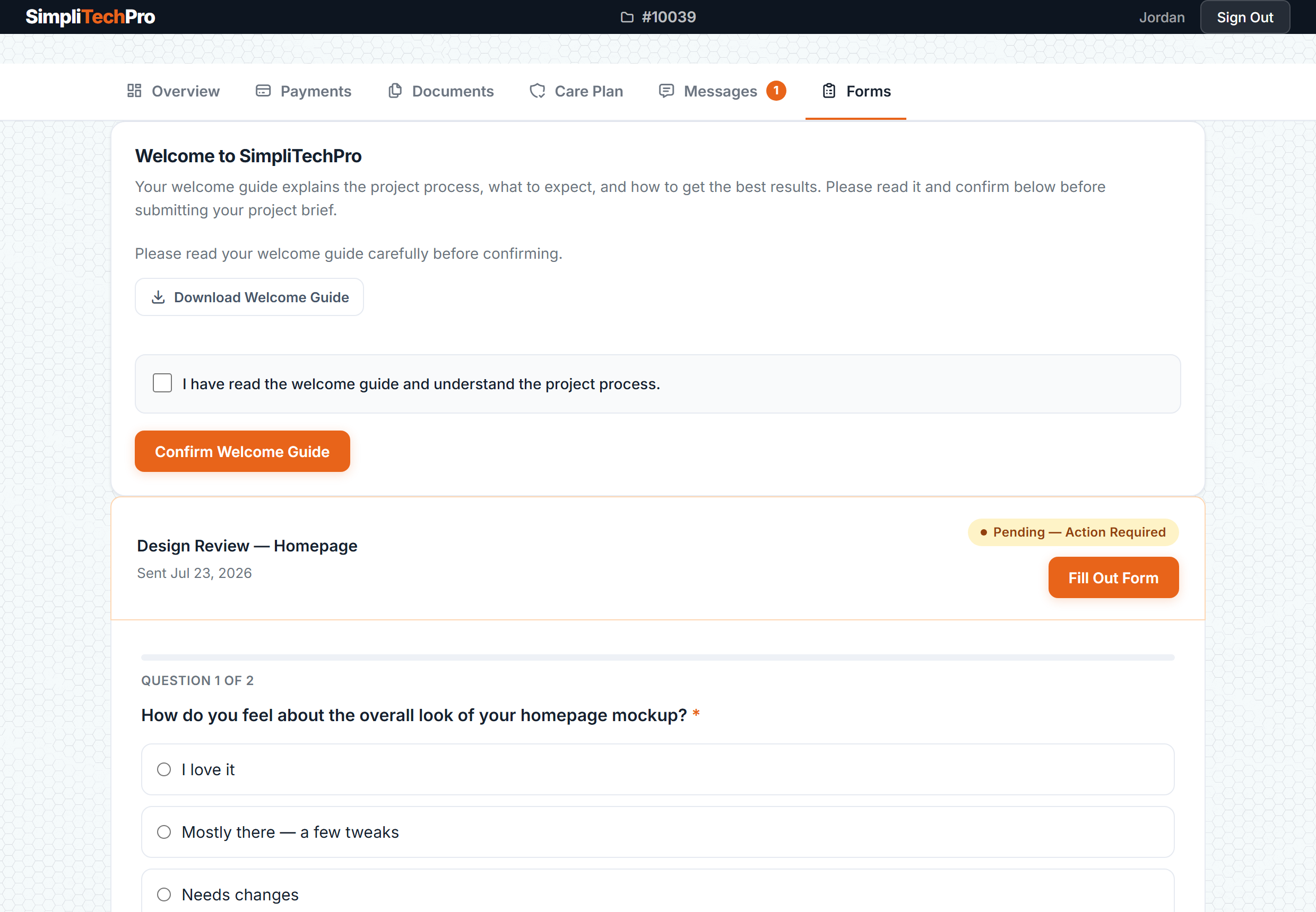 A guided project form asking one simple question at a time