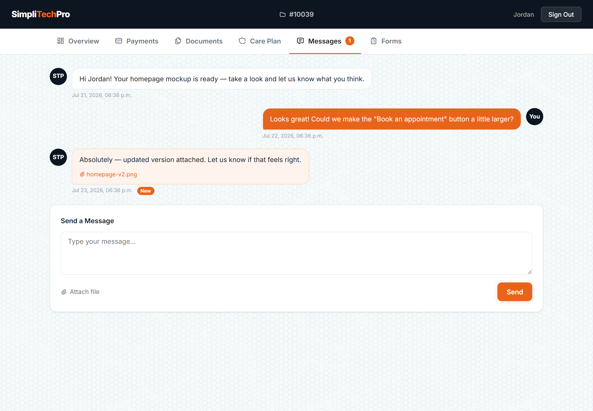 A single message thread with your team, including a shared file
