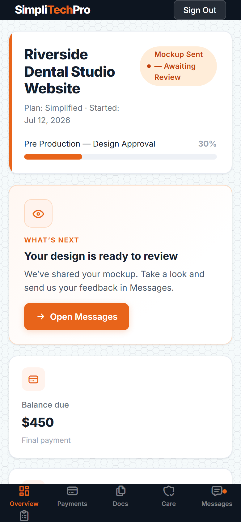 The SimpliTechPro client portal on a mobile phone