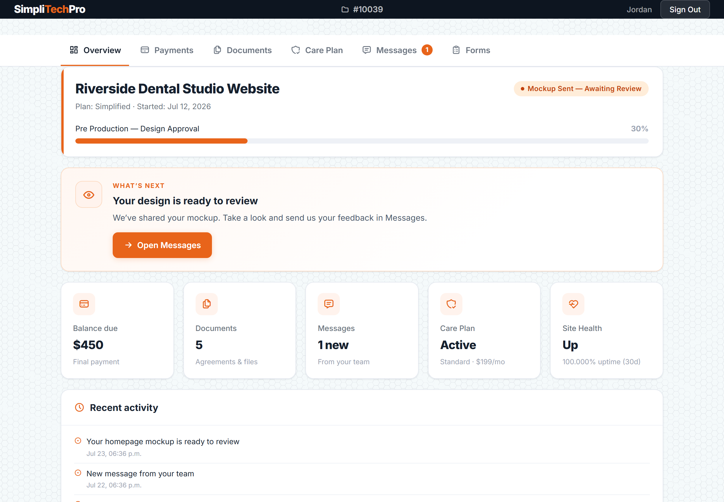 A SimpliTechPro client portal dashboard showing project status, what's next, and at-a-glance tiles