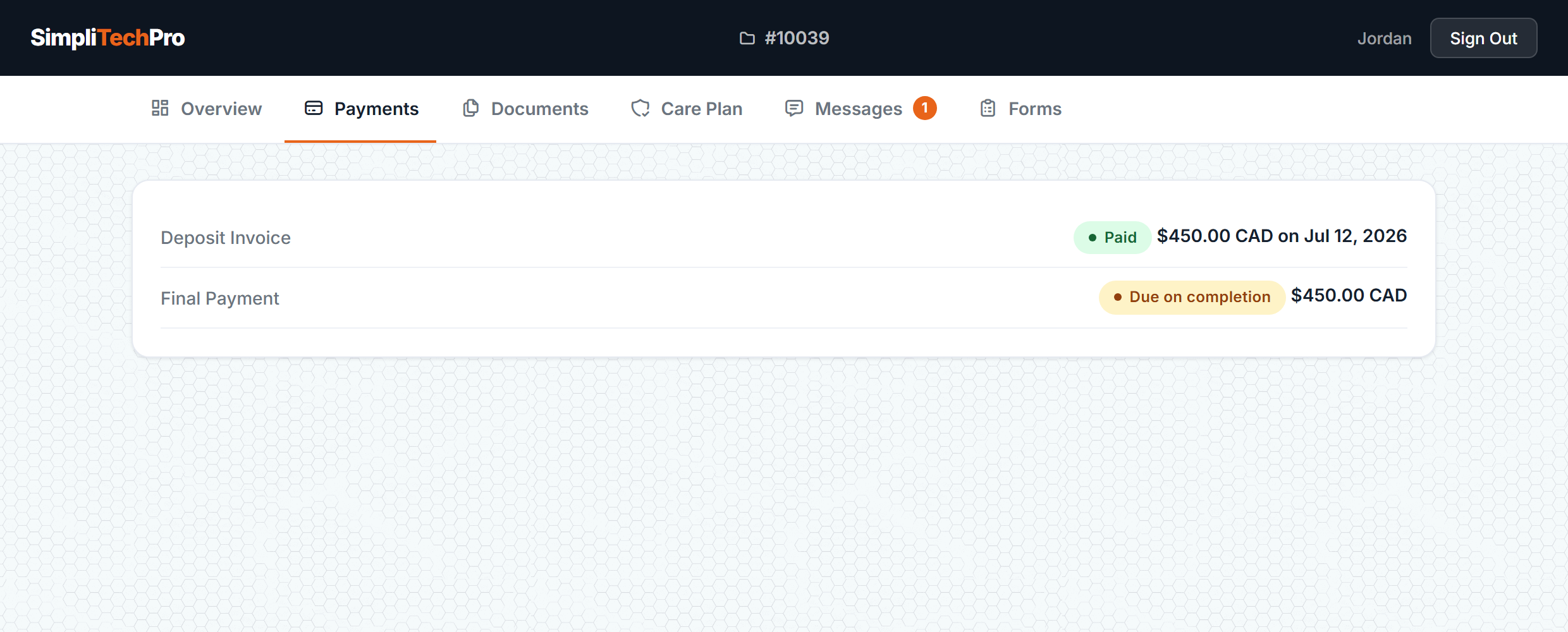 Portal payments view showing what is paid and what is due