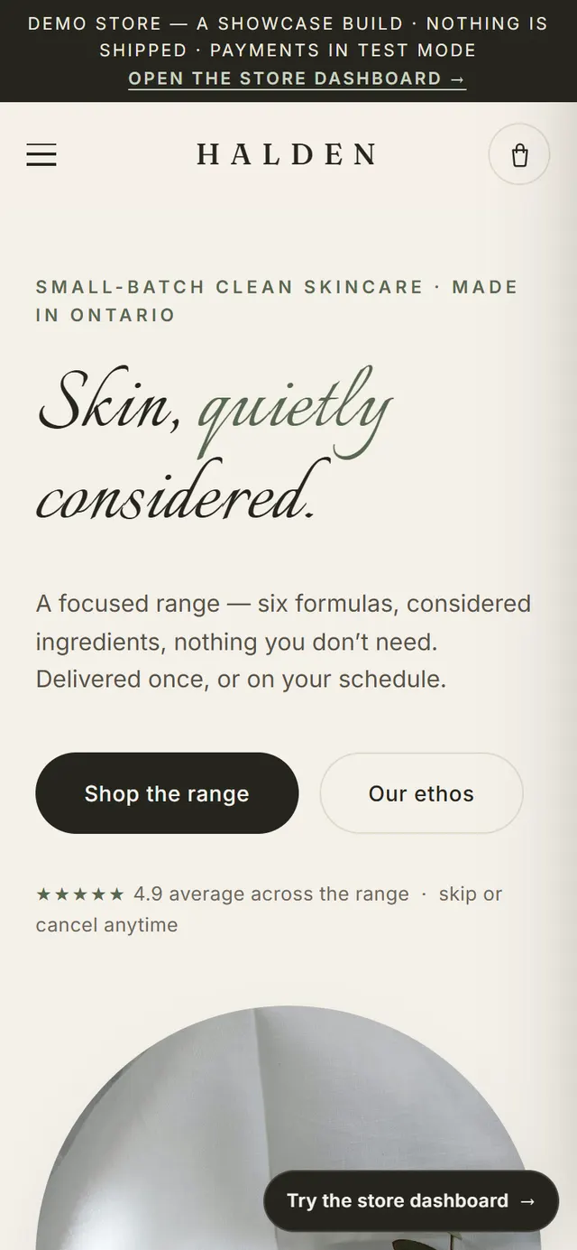 Halden demo skincare store on mobile