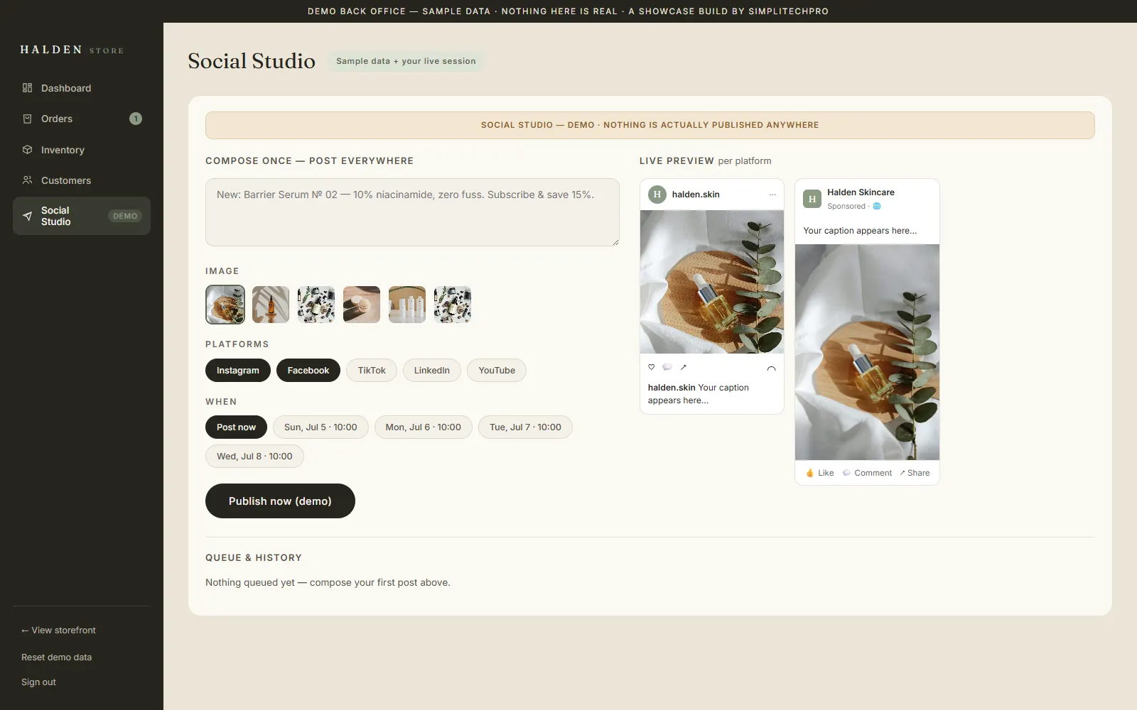 The Social Studio inside the Halden demo store admin — compose once with native-style Instagram and Facebook previews
