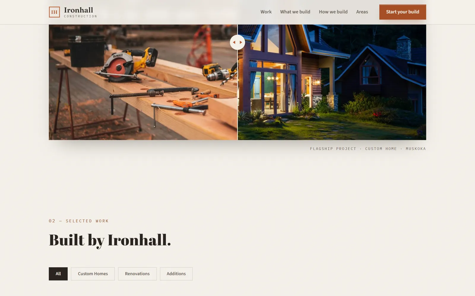 Drag before-and-after slider from the Ironhall demo showing construction and finished home