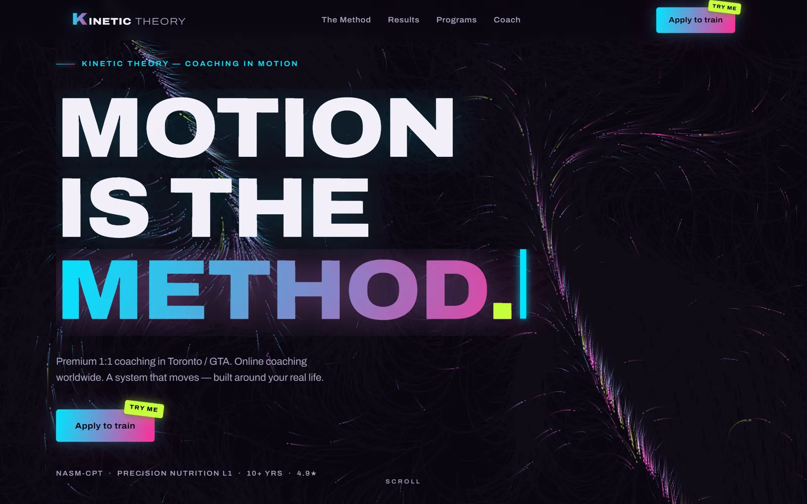 Kinetic Theory demo website — neon WebGL particle hero reading MOTION IS THE METHOD