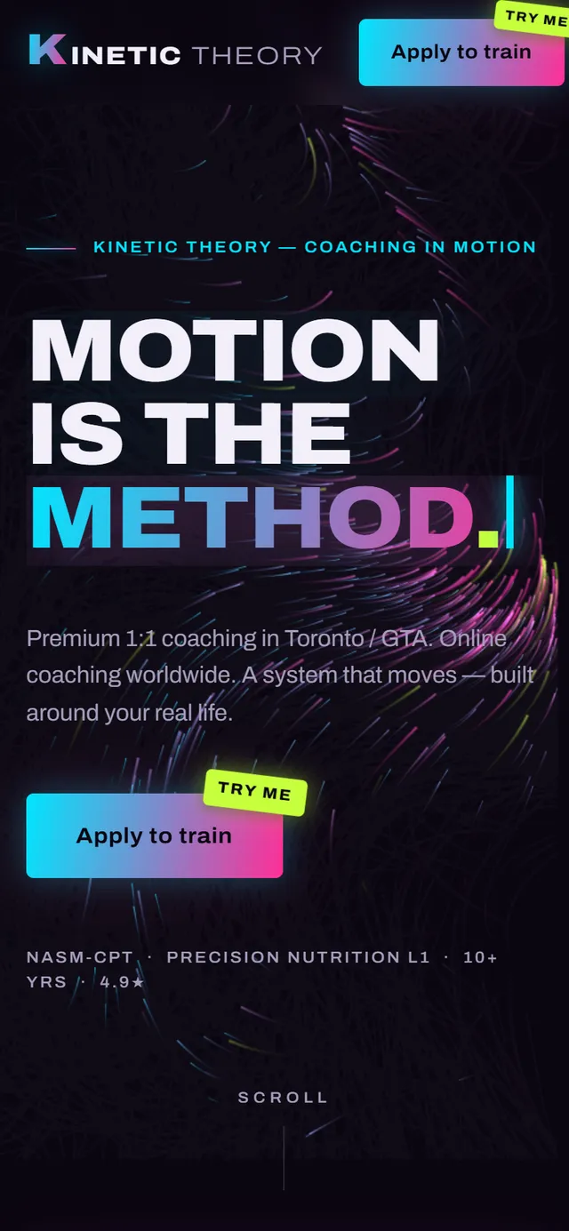 Kinetic Theory demo website on mobile