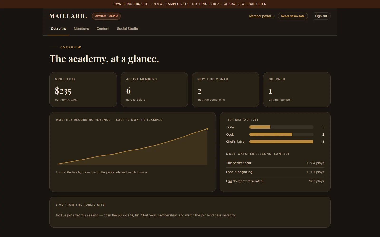 Maillard demo owner dashboard — MRR analytics, tier mix, most-watched lessons and a live join feed