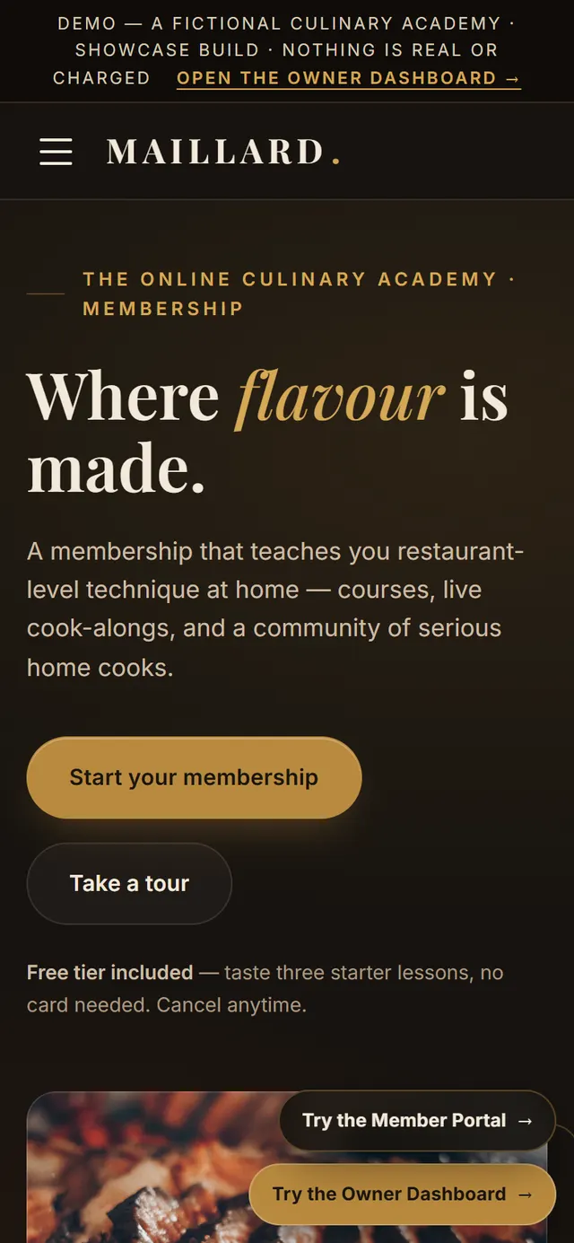 Maillard demo culinary academy membership site on mobile