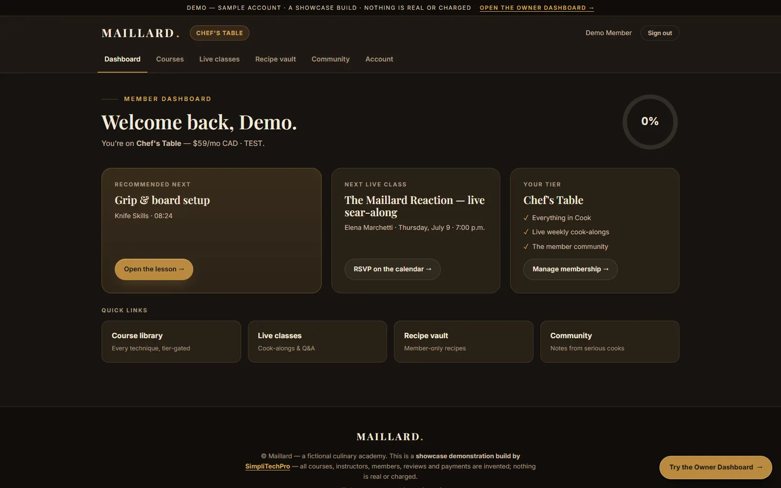 Maillard demo member portal dashboard — welcome header, progress ring, next live class and tier card