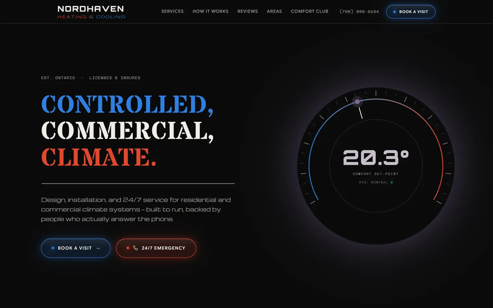 Nordhaven Heating & Cooling demo website — dark climate-console hero with an interactive temperature dial