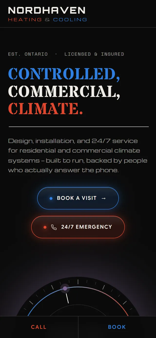 Nordhaven HVAC demo website on mobile with sticky call and book action bar